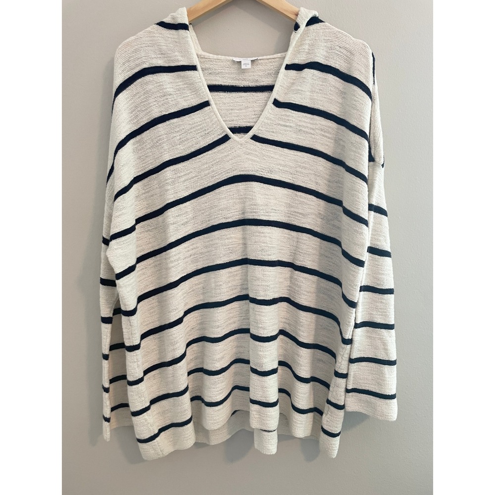 J. Jill Striped Hoodie Sweater Womens XL Cream Black V-Neck Oversized Pullover